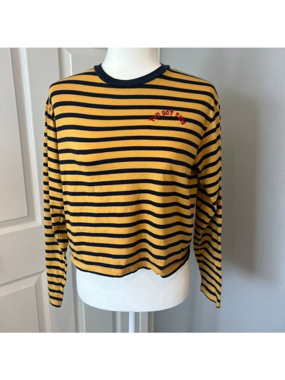 Rugby Preppy Yellow Navy Striped Cotton Crewneck Shirt Size Small